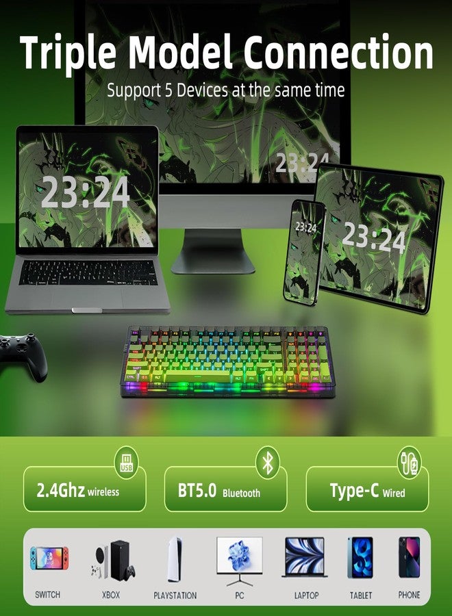 زورنر لوحة مفاتيح ميكانيكية لاسلكية ZORNHER ZH980، لون أخضر كريمي بنسبة 95%، مزودة بلوحة أرقام، لوحة مفاتيح للألعاب مزودة بلوحة أرقام، أغطية مفاتيح مضيئة مطلية بمادة PBT، مفاتيح خطية ذات صوت كريمي. - Image 3