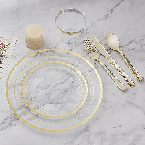 BESTVIP 100PCS Clear Plastic Plates, 10.25 Inch Disposable Dinner Plate Party with Gold Rim, Heavy Duty Disposable Plastic Plates for Party, Wedding and Birthday, Christmas, Thanksgiving - Image 5