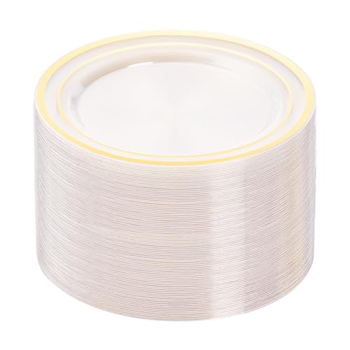 BESTVIP 100PCS Clear Plastic Plates, 10.25 Inch Disposable Dinner Plate Party with Gold Rim, Heavy Duty Disposable Plastic Plates for Party, Wedding and Birthday, Christmas, Thanksgiving - Image 1