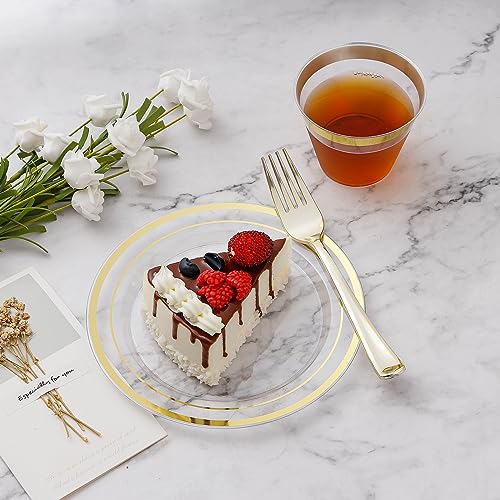 BESTVIP 100PCS Clear Plastic Plates, 10.25 Inch Disposable Dinner Plate Party with Gold Rim, Heavy Duty Disposable Plastic Plates for Party, Wedding and Birthday, Christmas, Thanksgiving - Image 2