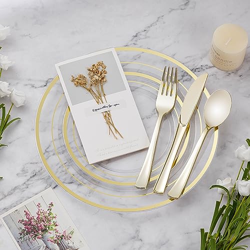 BESTVIP 100PCS Clear Plastic Plates, 10.25 Inch Disposable Dinner Plate Party with Gold Rim, Heavy Duty Disposable Plastic Plates for Party, Wedding and Birthday, Christmas, Thanksgiving - Image 3