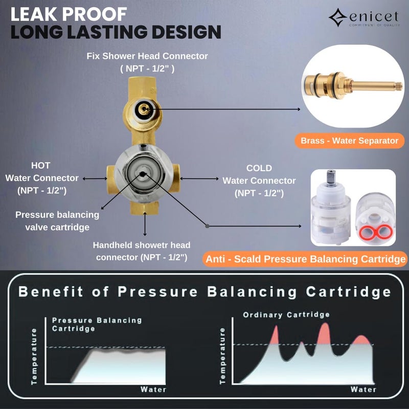 Enicet Brass High Diverter Set With 8 Inch Shower Hand Shower Chrome Finish High Flow Diverter Set For Bathroom Bathroom Shower Set Shower System Hot And Cold Water Mixer Tap TE134SPH8 - Image 3