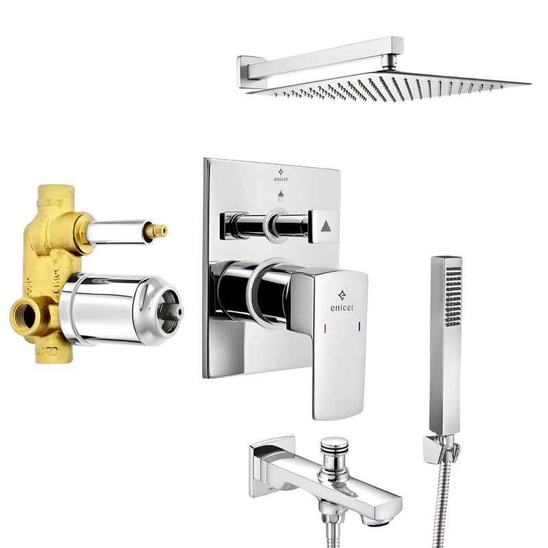 Enicet Brass High Diverter Set With 8 Inch Shower Hand Shower Chrome Finish High Flow Diverter Set For Bathroom Bathroom Shower Set Shower System Hot And Cold Water Mixer Tap TE134SPH8 - Image 1