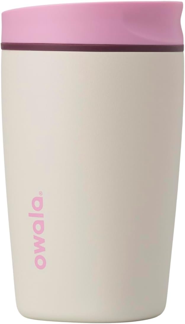Owala SmoothSip Slider Insulated Stainless Steel Coffee Tumbler, Reusable Iced Coffee Cup, Hot Coffee Travel Mug, BPA Free 12 oz, Pink/Tan (Daybreak) - Image 1