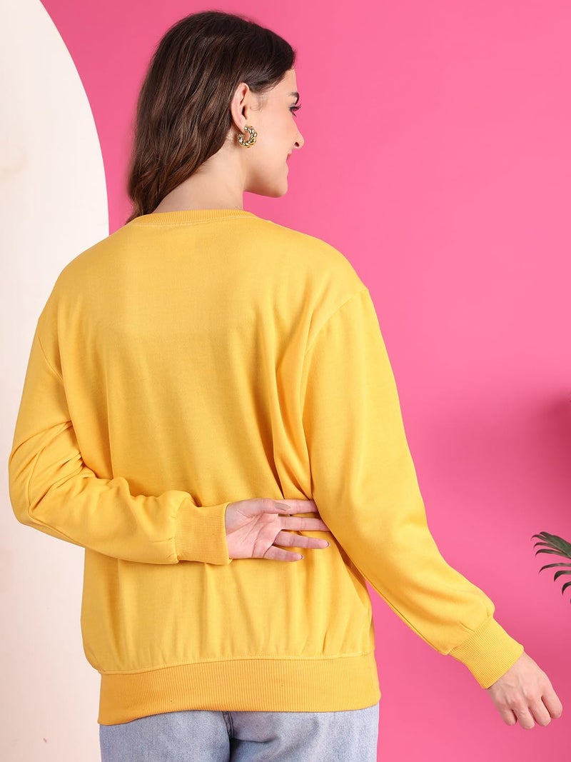 Mack Jonney Women Fleece Round Neck Regular Fit Yellow Printed Sweatshirt -MACK639965,Medium - Image 4