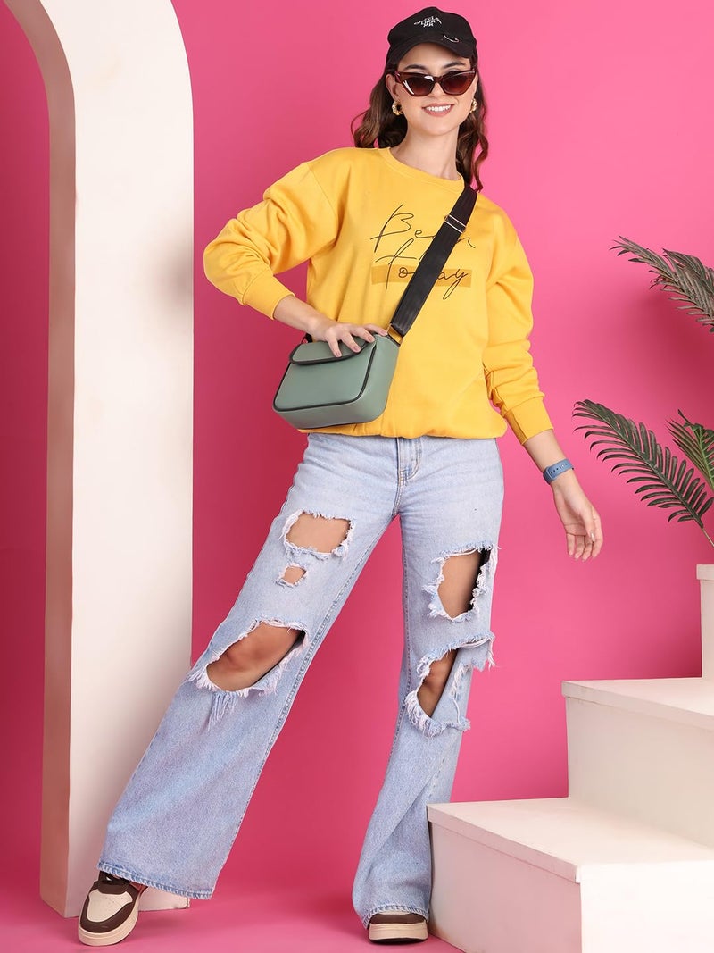 Mack Jonney Women Fleece Round Neck Regular Fit Yellow Printed Sweatshirt -MACK639965,Medium - Image 5