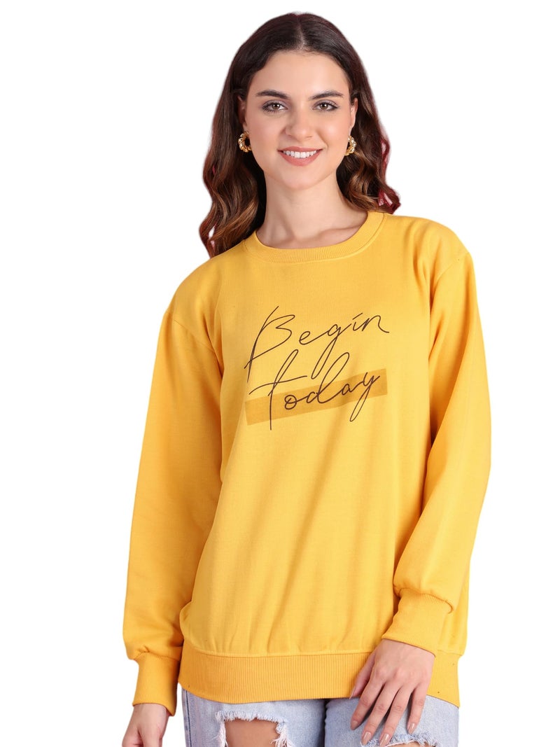 Mack Jonney Women Fleece Round Neck Regular Fit Yellow Printed Sweatshirt -MACK639965,Medium - Image 1