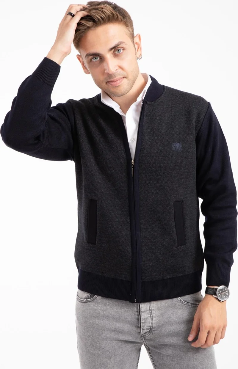 Mutlu City Men's Middle Age and Above Knitwear Acrylic Zippered Winter Dad Cardigan 2062-Navy Blue