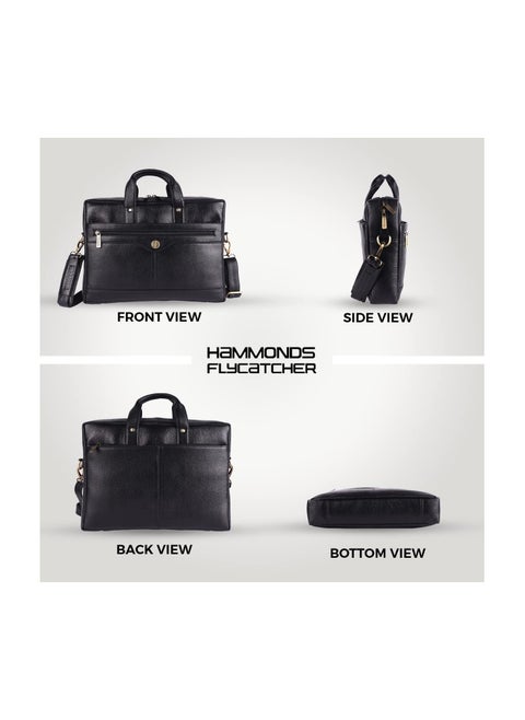HAMMONDS FLYCATCHER Genuine Leather Office Bag for Men - Stylish Executive Leather Bag for Men, 15.6 Inch Laptop Bag for Men, Adjustable Strap and Multiple Compartments - 1 Year Warranty - Black
