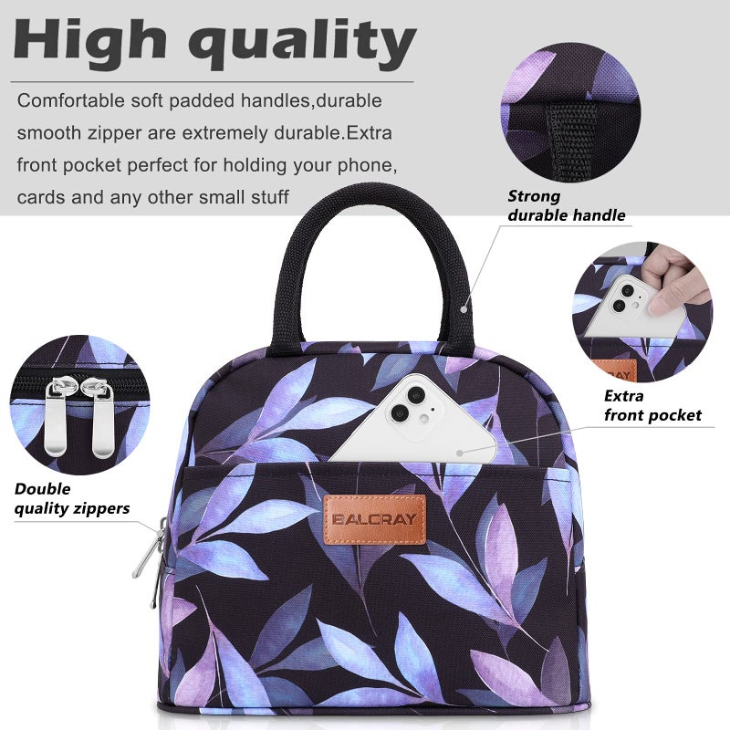 BALORAY Lunch Bag for Women Men Insulated Lunch Box for Adult Reusable Lunch Tote Bag for Work, Picnic or Travel (Blue Leaves) - Image 2