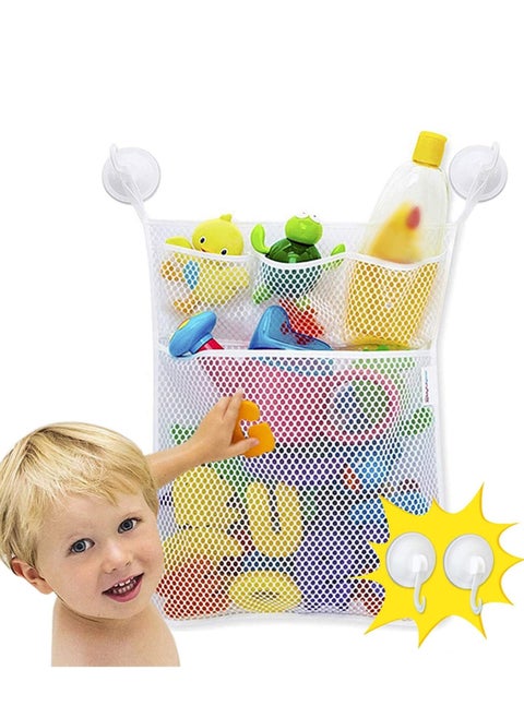 Tub Cubby Baby Bath Toy Storage for Bath Tub Toys 18 To13 Inch Hanging Bath Toy Holder with Suction Adhesive Hooks and 3 Extra Pockets For Soaps Shampoos Mold Resistant Quick Dry Mesh