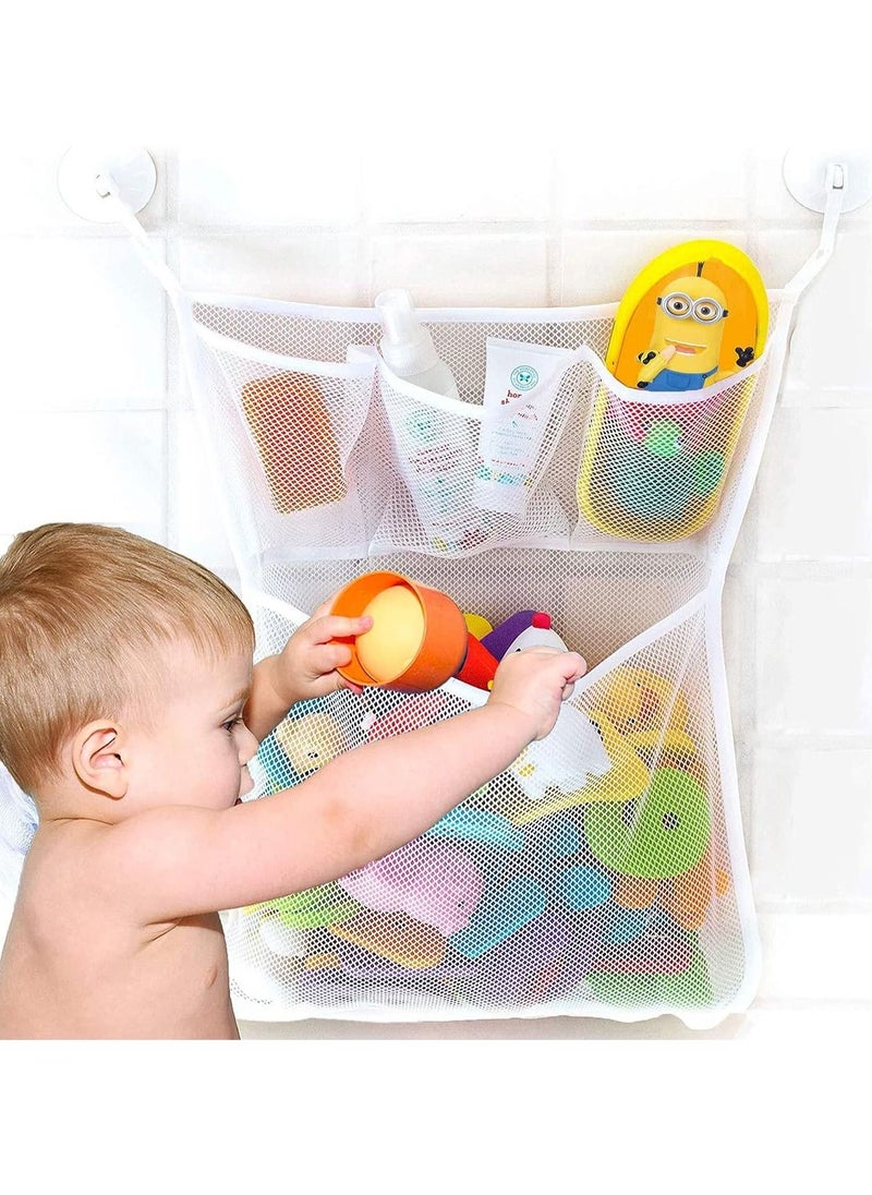 RATSAW - Tub Cubby Baby Bath Toy Storage for Bath Tub Toys 18 To13 Inch Hanging Bath Toy Holder with Suction Adhesive Hooks and 3 Extra Pockets For Soaps Shampoos Mold Resistant Quick Dry Mesh - Image 1