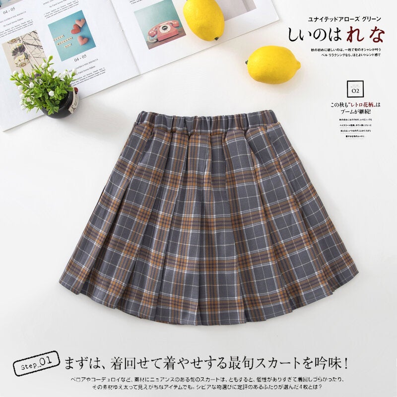 Girls Pleated Skirt Spring Summer A-Line Plaid Cafe  - Image 1
