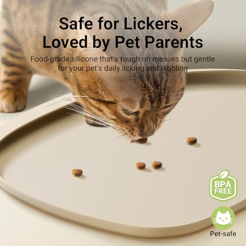 DownyPaws Dog Food Mats for Floors Waterproof, BPA Free Silicone Dog Bowl Mat, Non-Slip Pet Feeding Mat with High Raised Edge, Cat Placemat for Messy Drinkers, 18"×12.5", Almond - Image 2