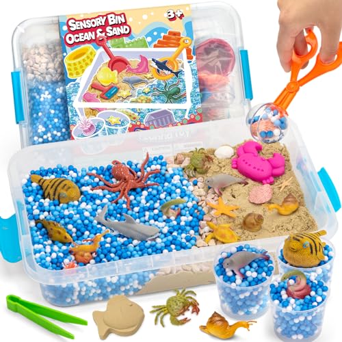 Yeonhatoys OceanSand Sensory Bin with Lid 42 Pcs Sensory Sand Kit with Sea Animals for Kids Birthday Christmas Gifts for Boys Girls Preschool Learning Activities Tools Box Outdoor Sandbox Toys for Toddlers - Image 1