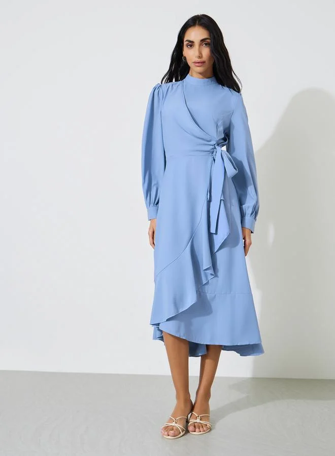 ستايلي Blue Side Waist Straps Wrap Midi Dress with Ruffled Edges