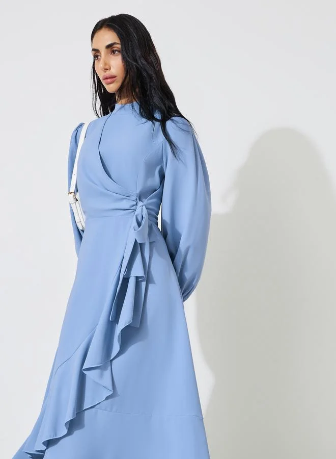 ستايلي Blue Side Waist Straps Wrap Midi Dress with Ruffled Edges