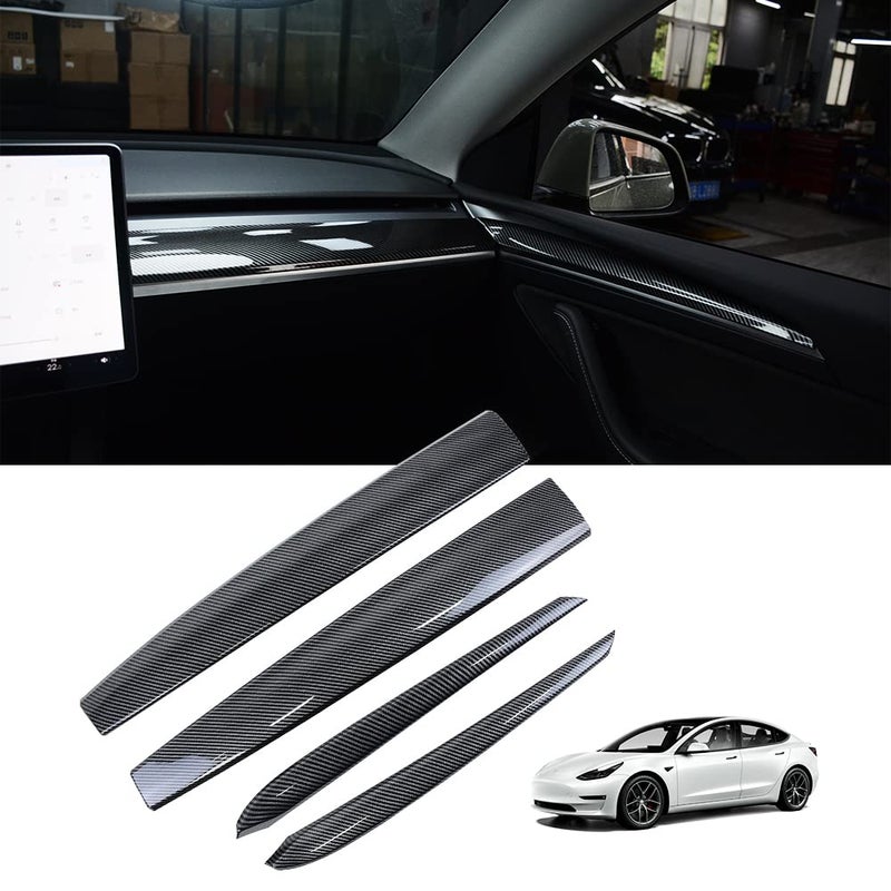Generic KKTR-CAR Dashboard Cover Wrap and Front Door Inner Armrest Panel Cover Trim Compatible with Tesla Model Y/ 3 (4 pcs) (Glossy Carbon Fiber Pattern)  - Image 1