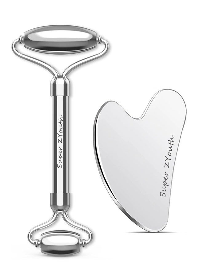 Super ZYouth Gua Sha Facial Tool, Stainless Steel GuaSha Roller Face Lift Beauty Metal Skin Care Massager Eyes Neck Skin Board Scraping Tool for Reduce Puffiness, Lymphatic Drainage, Facial Tension, Skin Care Gift (Silver)  - Image 1