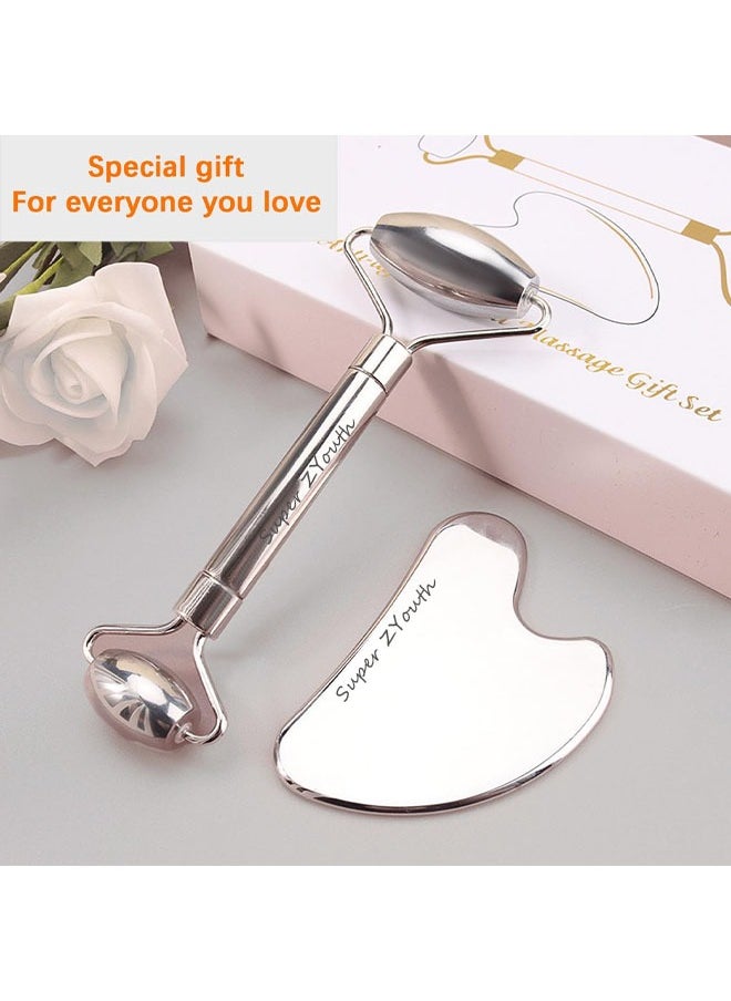 Super ZYouth Gua Sha Facial Tool, Stainless Steel GuaSha Roller Face Lift Beauty Metal Skin Care Massager Eyes Neck Skin Board Scraping Tool for Reduce Puffiness, Lymphatic Drainage, Facial Tension, Skin Care Gift (Silver)  - Image 5