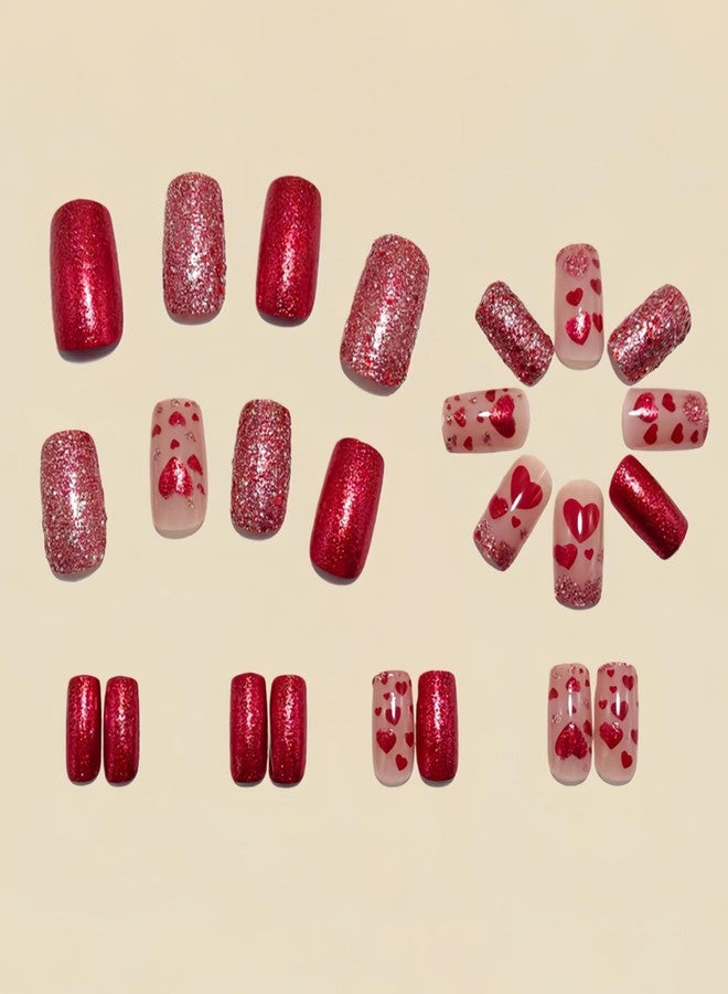 ASABITE 24Pcs Glitter Valentines Press on Nails Heart Fake Nails Holiday Reusable False Nails with Sequin Design Medium Square Press on Nails Full Cover Glue on Nail Valentines Stick on Nail for Women - Image 2