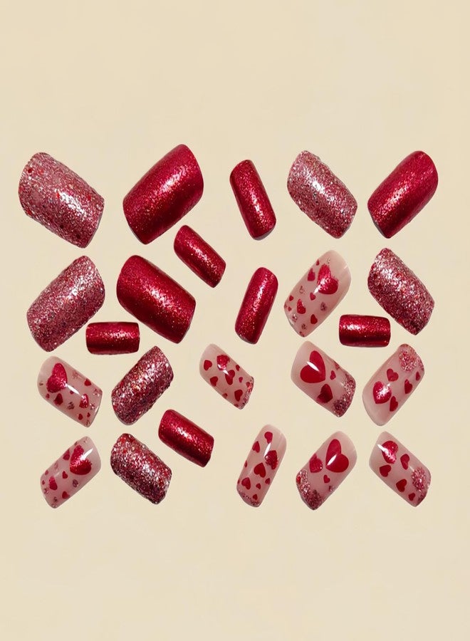 ASABITE 24Pcs Glitter Valentines Press on Nails Heart Fake Nails Holiday Reusable False Nails with Sequin Design Medium Square Press on Nails Full Cover Glue on Nail Valentines Stick on Nail for Women - Image 3