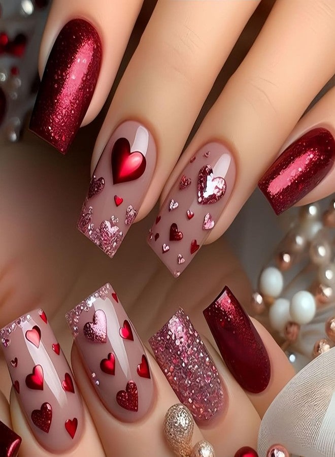 ASABITE 24Pcs Glitter Valentines Press on Nails Heart Fake Nails Holiday Reusable False Nails with Sequin Design Medium Square Press on Nails Full Cover Glue on Nail Valentines Stick on Nail for Women - Image 1