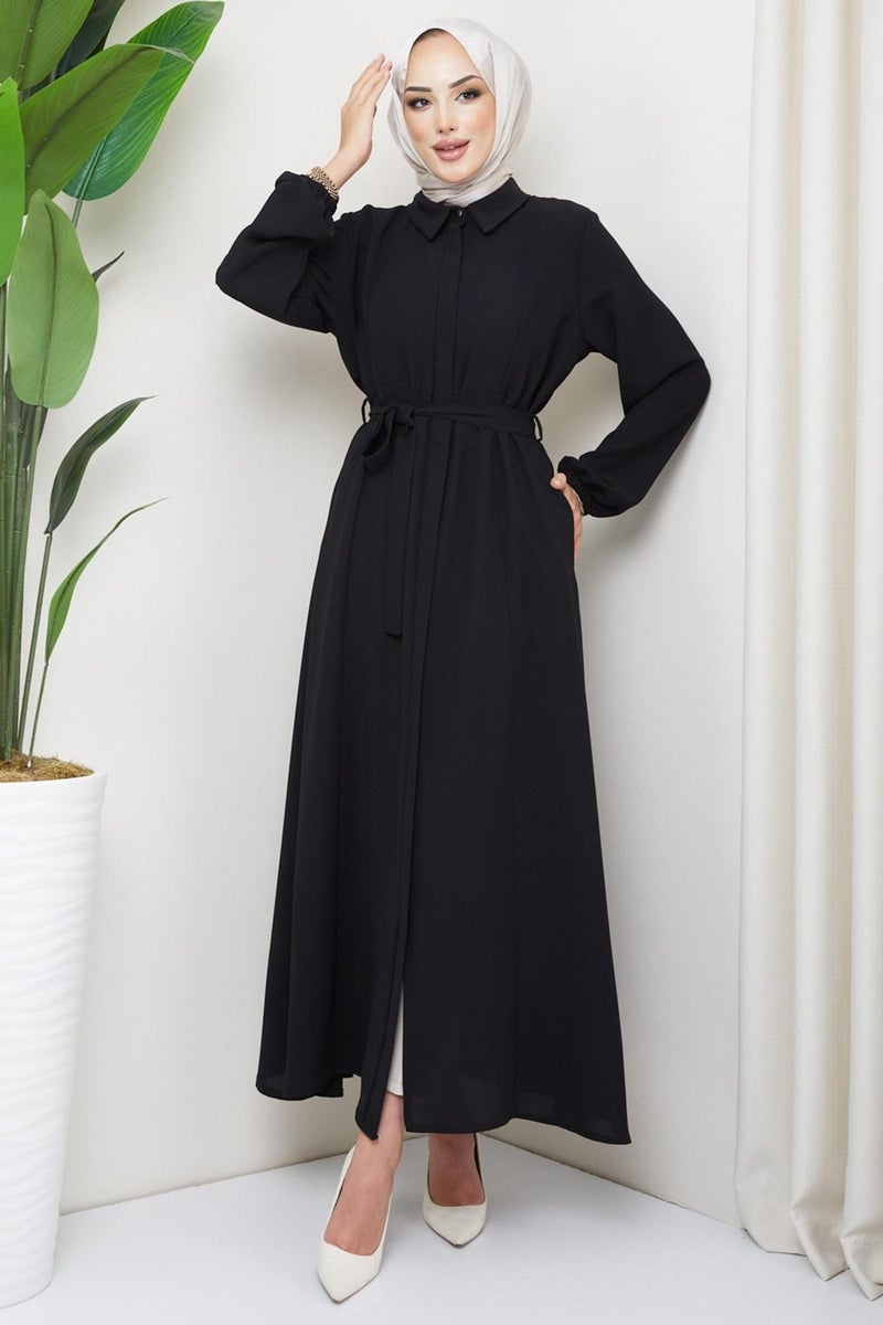 Hafsa Mina Shirt Collar Belted Abaya Black HM2253 - Image 1