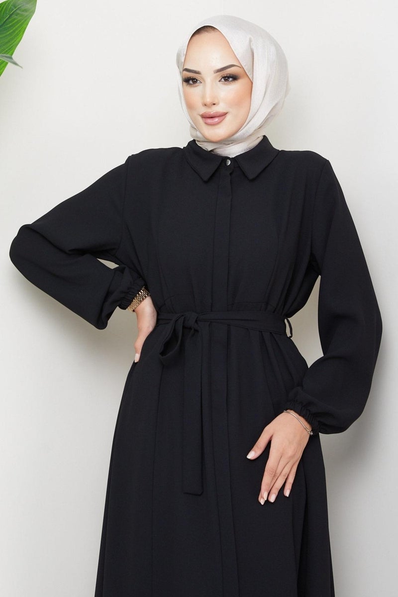 Hafsa Mina Shirt Collar Belted Abaya Black HM2253 - Image 2