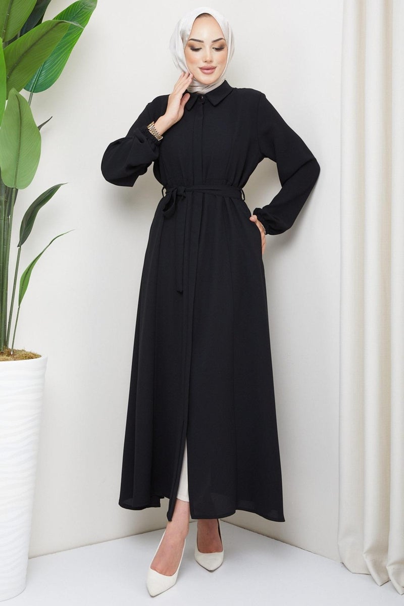 Hafsa Mina Shirt Collar Belted Abaya Black HM2253 - Image 3