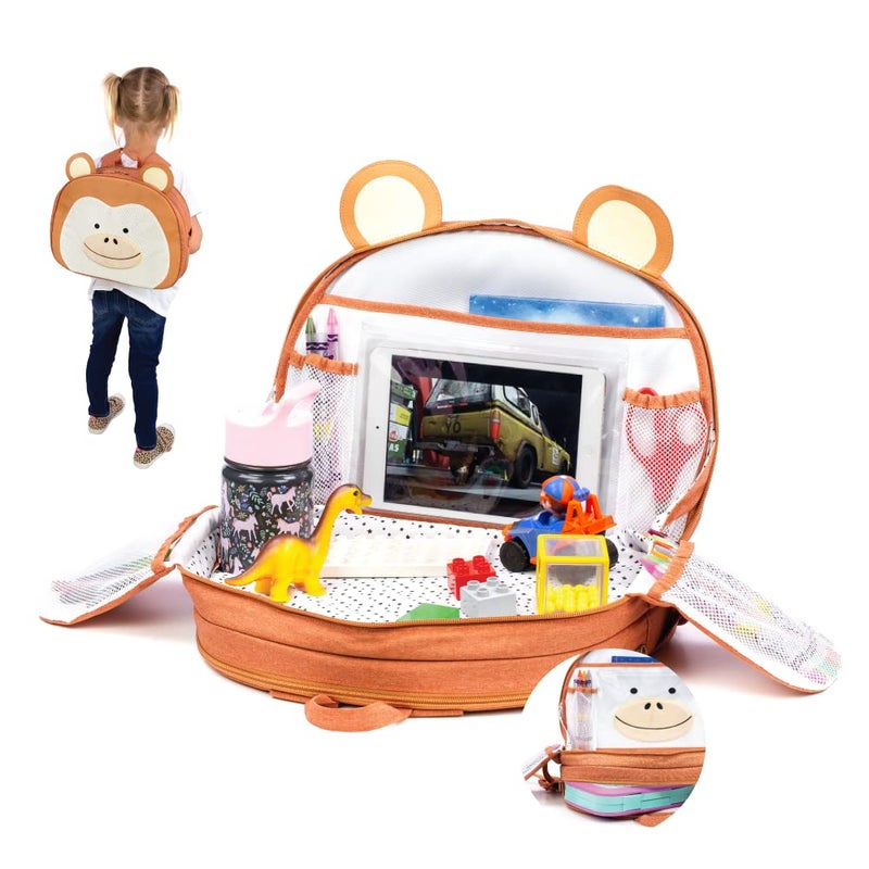 Lulyboo Lulyboo Toddler Car Seat Tray and Backpack Tray Table Cover Airplane Travel Tray with Firm Writing Surface Kids Travel Tray Builtin Cup Holder and 8 Storage Pockets with Kids Lap Desk Monkey
