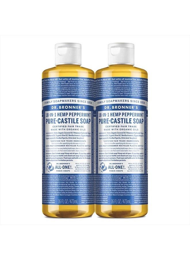 Dr. Bronner's صابون سائل قشتالي نقي مصنوع من الزيوت العضوية، استخدامات 18 في 1، النعناع، 16 أونصة (عبوتان)  - Image 1