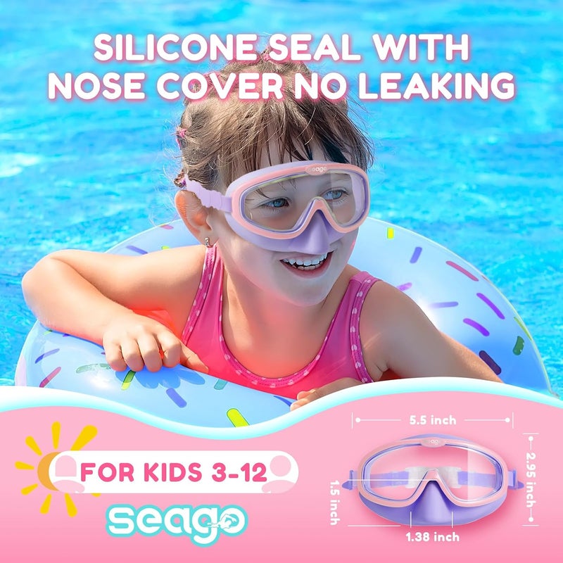 Seago Kids Swim Goggles 2 Pack for 3-12, Anti-Fog Clear View,Toddler Goggles with Nose Cover Swimming Goggles - Image 2
