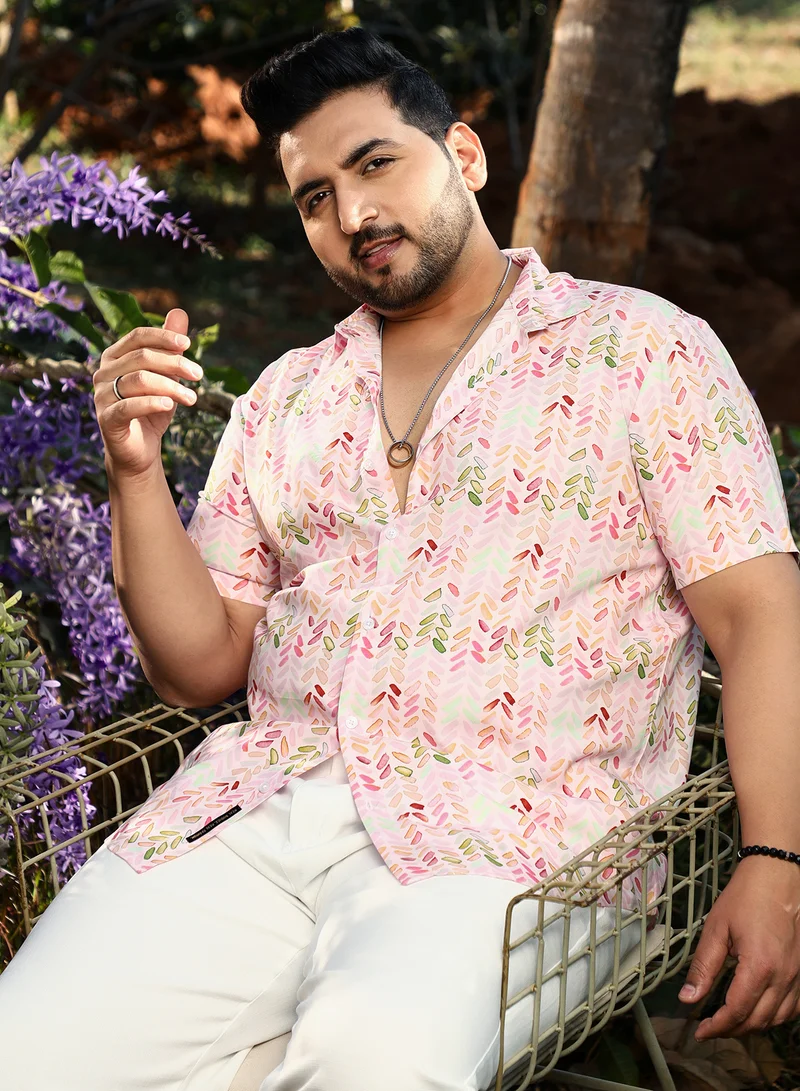 انستافاب بلس Instafab Plus Men's Rose Pink Leaf Strokes Shirt For Casual Wear | Spread Collar | Short Regular Sleeves | Button Closure | Plus Size Shirt Crafted With Comfort Fit For Everyday Wear
