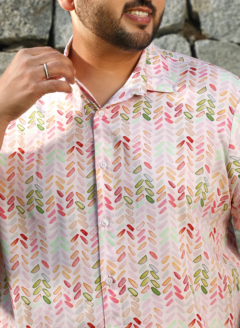 Instafab Plus Instafab Plus Men's Rose Pink Leaf Strokes Shirt For Casual Wear | Spread Collar | Short Regular Sleeves | Button Closure | Plus Size Shirt Crafted With Comfort Fit For Everyday Wear