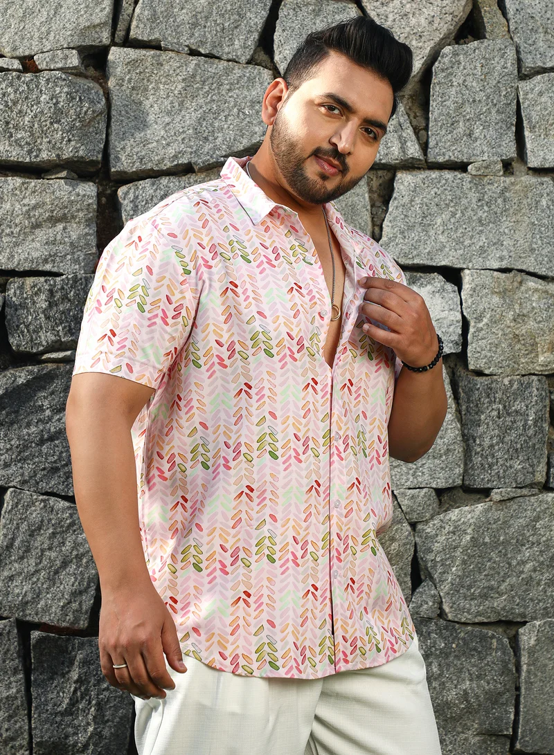 Instafab Plus Instafab Plus Men's Rose Pink Leaf Strokes Shirt For Casual Wear | Spread Collar | Short Regular Sleeves | Button Closure | Plus Size Shirt Crafted With Comfort Fit For Everyday Wear
