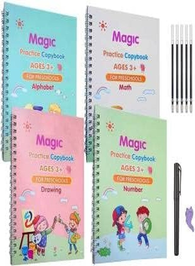 SWADEC مجموعة SWADEC Magic Copybook قابلة لإعادة الكتابة للأرقام والحروف الأبجدية والرسم والرياضيات، 4 كتب، 10 عبوات إعادة تعبئة، 1 مقبض، عبوة من قطعتين، متعددة الألوان - Image 1