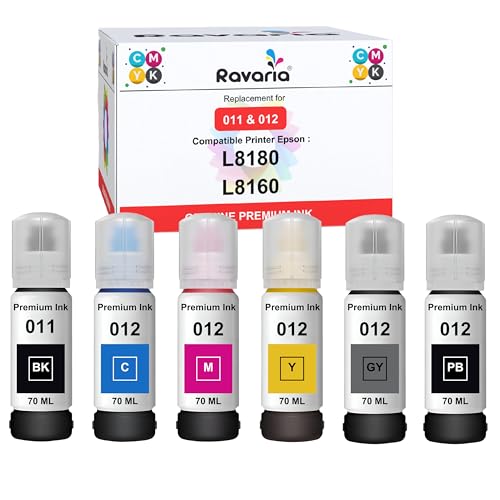 Ravaria 011 & 012 Compatible Refill Ink for Epson L8180 / L8160 Printer Compatible Ink Bottle for Epson 011/012 Ink Code (70 ml x C/M/Y/BK/PB/GY) Ink Bottle (011/012 Ink Set (6 Color)) - Image 1