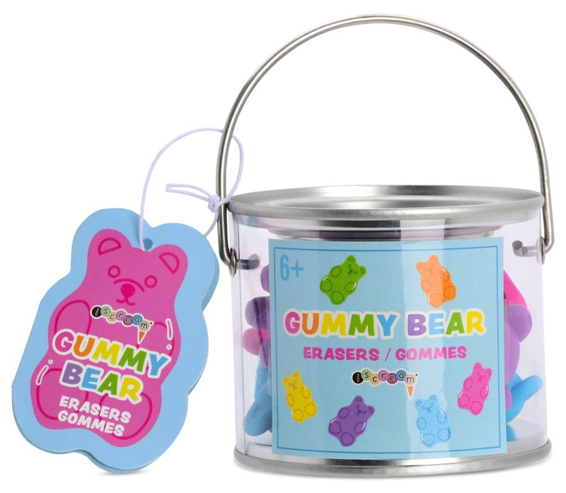 iscream Yummy Gummys 9-Piece 3D Gummi Bear Eraser Set in Mini Tin - Pink, Purple & Blue - Image 3