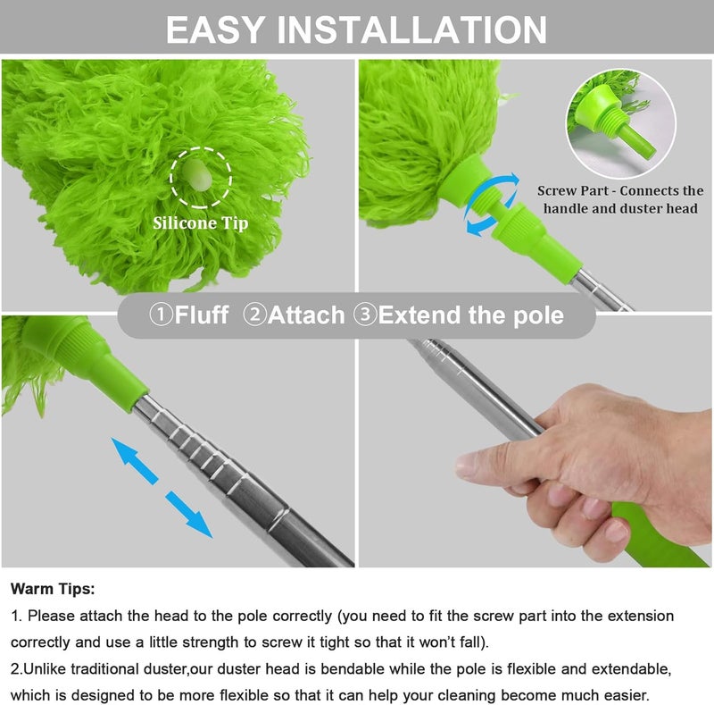 DELUX Microfiber Feather Duster Extendable Duster with 100 inches Extra Long Pole, Bendable Head & Long Handle Dusters for Cleaning Ceiling Fan, High Ceiling, Blinds, Furniture & Cars Green - Image 2