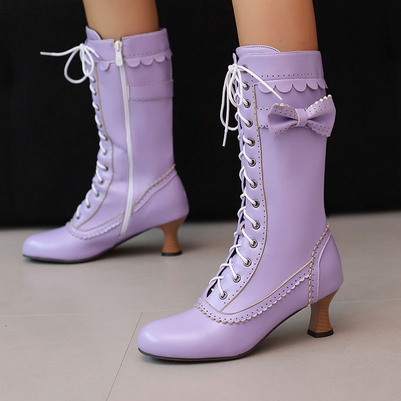 Sweet Bow With 40-50 Plus Size Burned Flower In Knights Boots Women - Image 2
