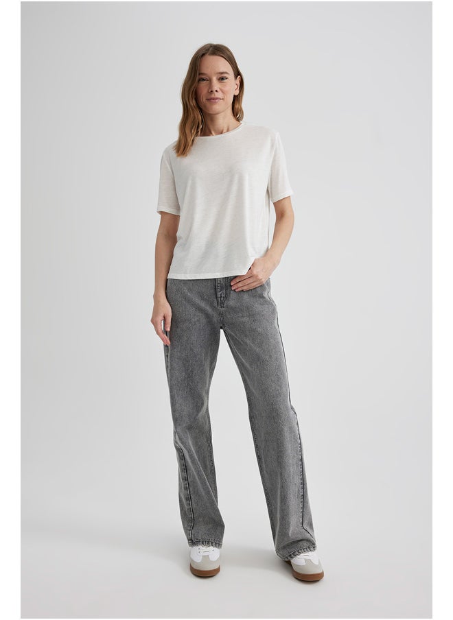 DeFacto - Woman Relax Fit Crew Neck Knitted Short Sleeve T-Shirt - Image 1