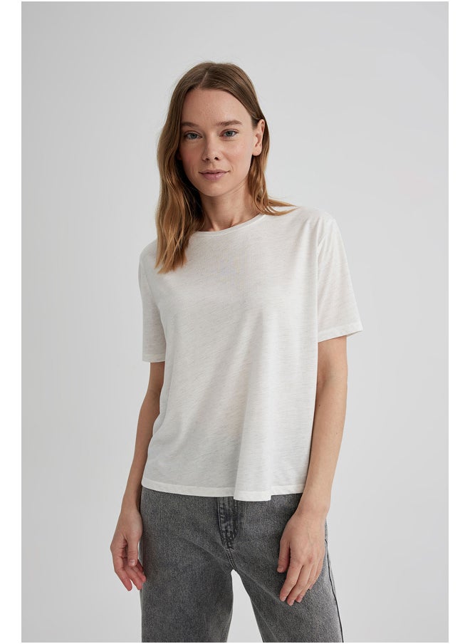 DeFacto - Woman Relax Fit Crew Neck Knitted Short Sleeve T-Shirt - Image 1