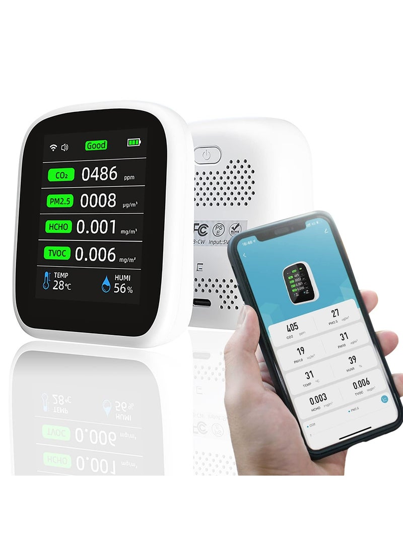 KASTWAVE جهاز مراقبة جودة الهواء الداخلي، جهاز مراقبة الجودة للكشف عن ثاني أكسيد الكربون، 8 في 1 جهاز اختبار جودة الهواء المنزلي، المنزل الذكي لاختبار جودة الهواء الداخلي، للمنزل، السيارة، تطبيق حياة ذكية مجاني  - Image 1