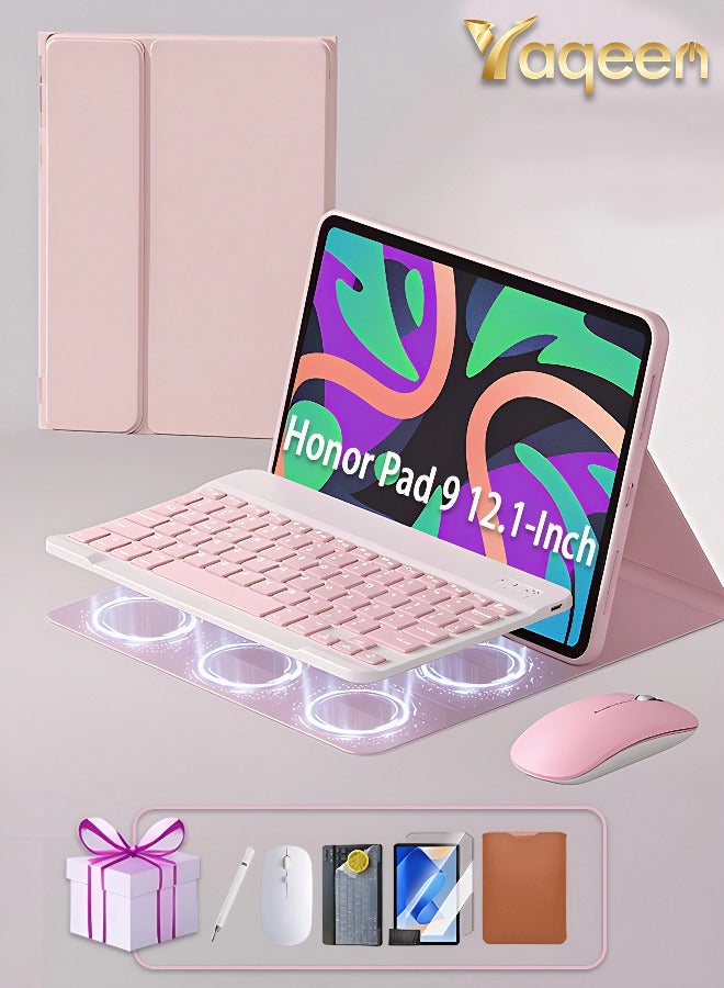 Yaqeen Pad 9 12.1-Inch Case, Detachable Bluetooth Keyboard Case Anti-Fall Shockproof , Pad 9 Cover Built-In Pen Slot /Flip-Top Smart Wake-Up-Off/AED 89 Gift Set Screen Protector/ Keyboard Defender/Writing Pen/Leather Case-Pink - Image 1