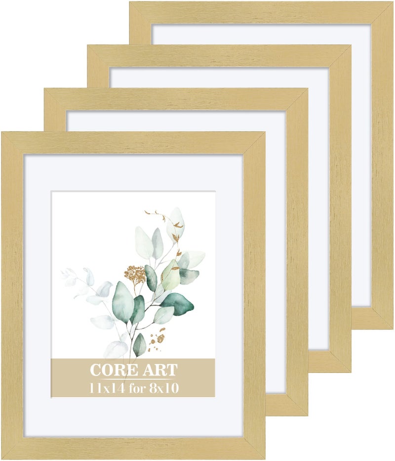 CORE ART 11x14 Gold Picture Frame Set of 4Display Pictures 8x10 with Mat or 11 x 14 without MatMulti Photo Frames Collage for Wall or Tabletop Display