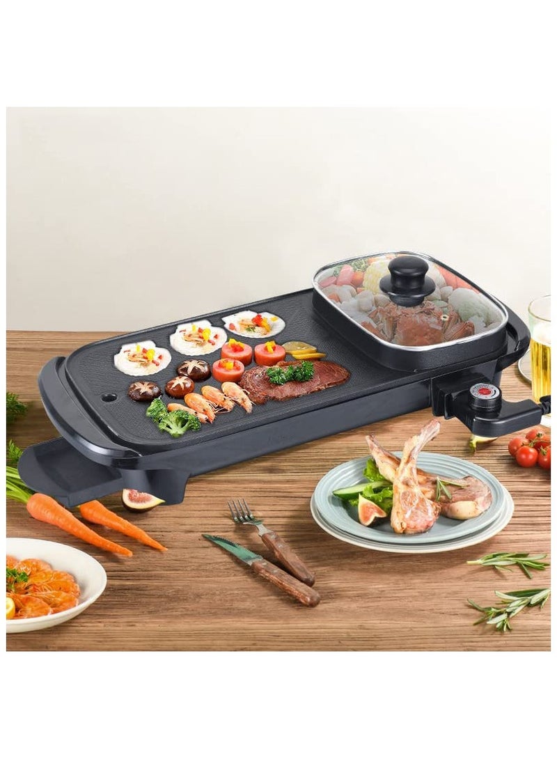 Multifunctional Nonstick Electric BBQ Raclette Hotpot with Dual Grill Pan for Indoor Korean Style Barbecue and Shabu Shabu Cooking Black  - Image 1