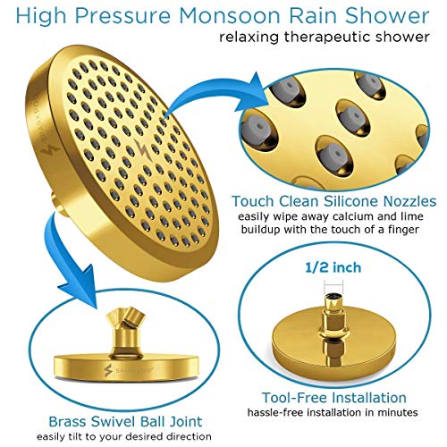 SparkPod Shower Head - High Pressure Rain - Premium Quality Luxury Design - 1-Min Install - Easy Clean Adjustable Replacement for Your Bathroom Shower Heads (Egyptian Gold, 6 Inch Round) - Image 2