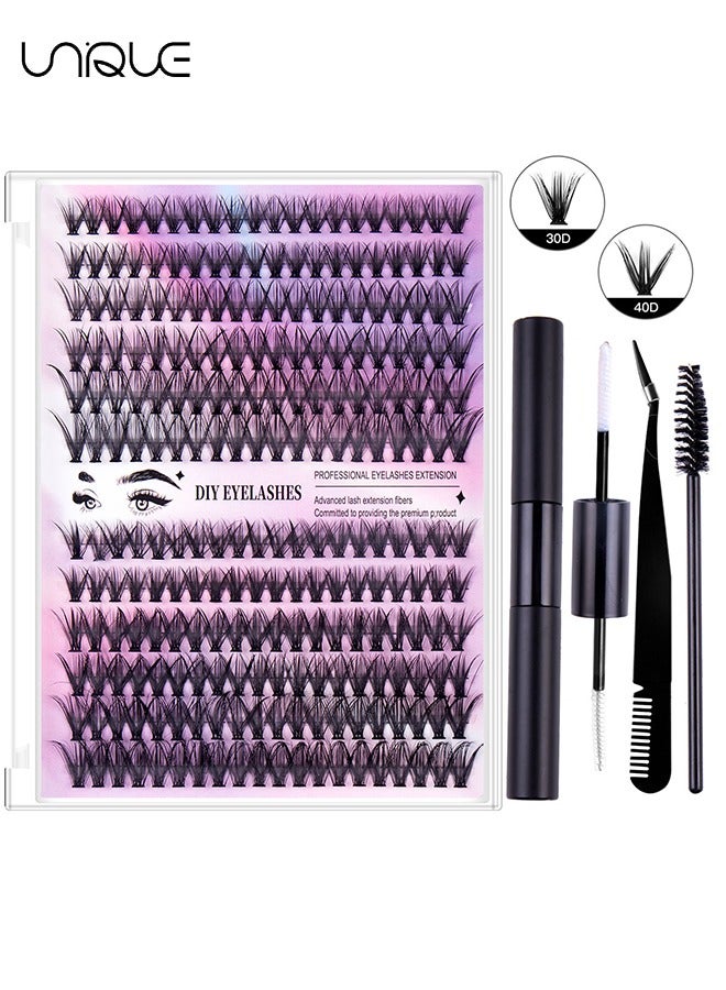 Unique 240 Pcs Cluster Lashes Kit - DIY Eyelash Extension Kit - 30D+40D 10-16mm Mixed Lashes - D Curl - Waterproof and Comfortable - with Lash Bond, Remover, Tweezers - for Beginner at Home - Image 1