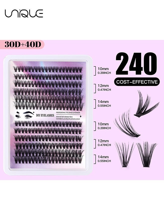 Unique 240 Pcs Cluster Lashes Kit - DIY Eyelash Extension Kit - 30D+40D 10-16mm Mixed Lashes - D Curl - Waterproof and Comfortable - with Lash Bond, Remover, Tweezers - for Beginner at Home - Image 2
